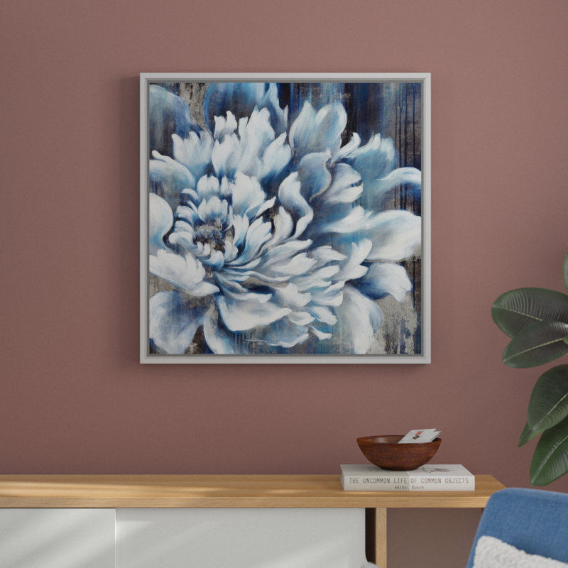 « indigo fleur iv », reproduction d’art sur toile, H 31,7 po x l 31,7 po x p 1,75 po, Cadre flottant blanc