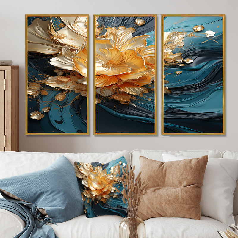 Cummings - ensemble d'art mural floral moderne, Cadre flottant doré, H 40 po x l 60 po x P 1 po