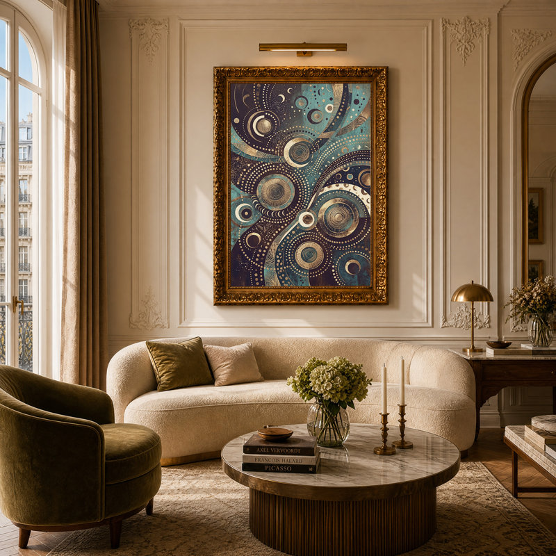 Tableau abstrait en toile représentant un cercle de phases lunaires turquoise et or, H 24 po x l 16 po