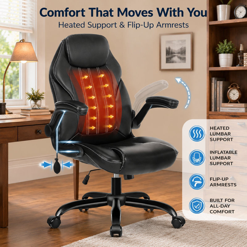 PU Leather Executive Chair with Padded Flip-Up Arms, Lumbar Adjustment, Tilt Lock, 360-Degree Swivel for Work and Study