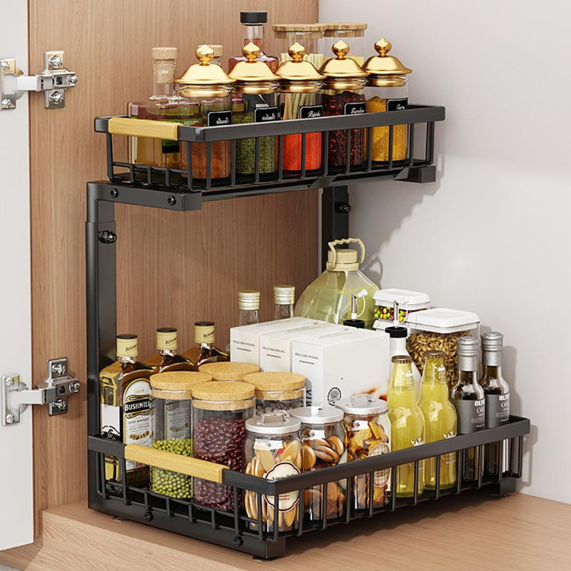 Rangement sous l'armoire à 2 niveaux pour cuisine, hauteur réglable 16,5 à 19,2 po, organisateur de rangement sous évier en acier au carbone - 4 ventouses antidérapantes, organisateur d'armoire escamotable pour la salle de bain