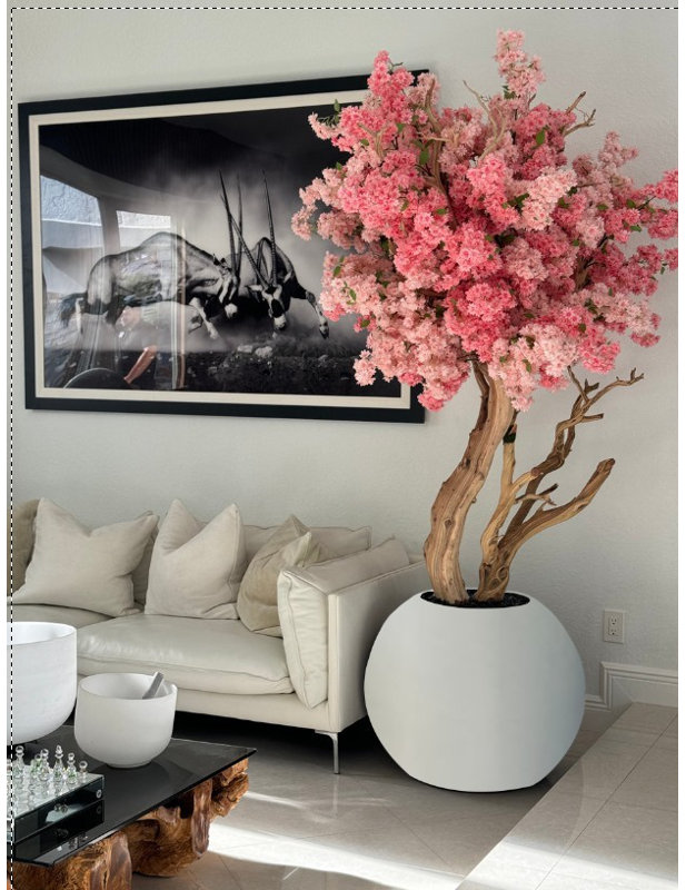 Pink Cherry Blossom Tree In 30" Globe Planter, White