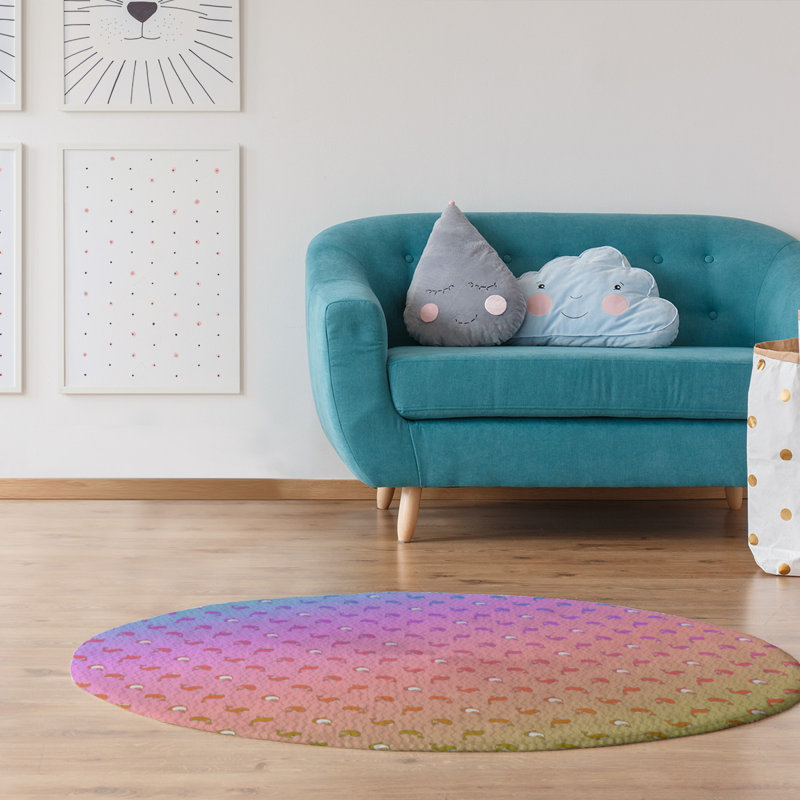 Tapis saumon/rose/bleu baleines, Rond 5 pi