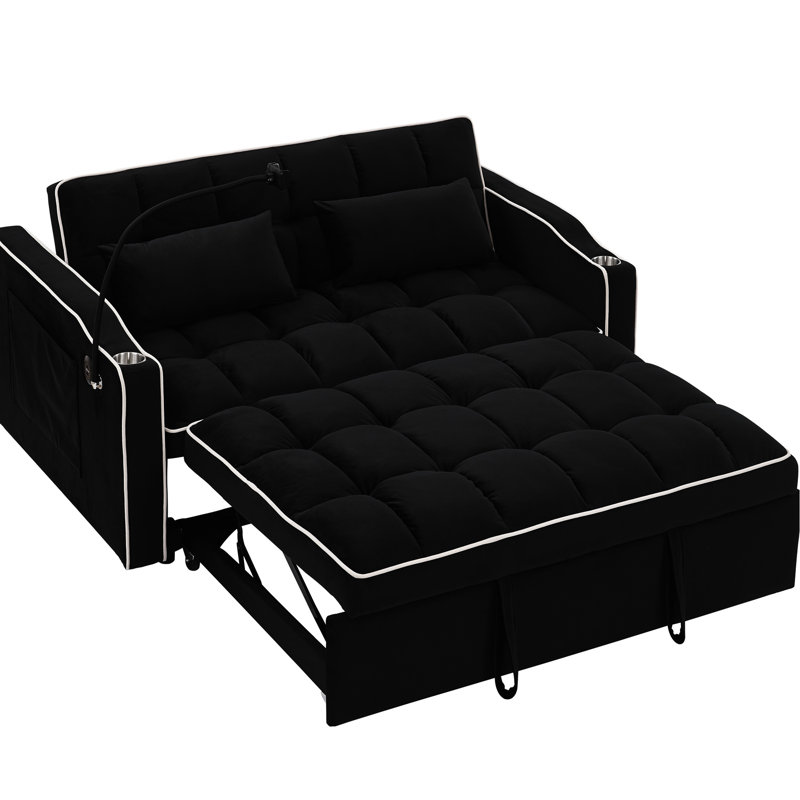 Lit en velours de 55,51 pouces, dossier réglable et support de chargement noir, 3 lits en velours, dossier, port, cendrier, support pour téléphone portable, 2 coussins confortables