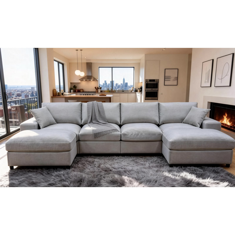 Anchoretta 134" Wide Reversible Modular Sectional with Ottoman, Beige Chenille