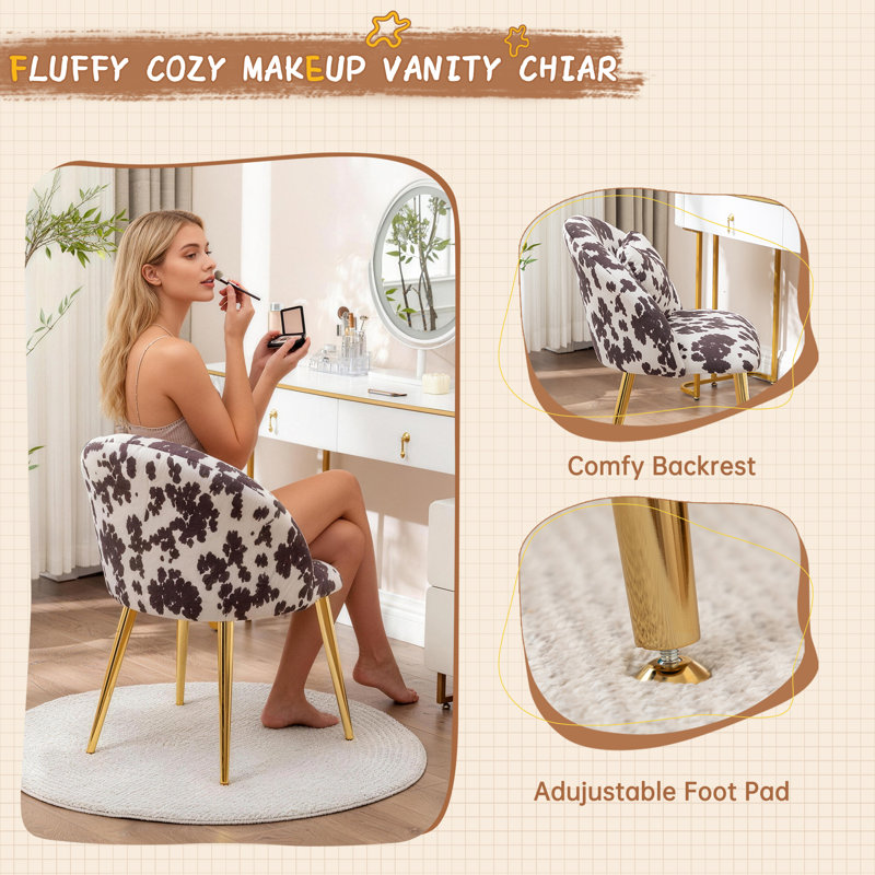 Vanity Chair With Backrest And Pillow, Cute Small Cozy Desk Chair No Wheels,Comfy Makeup Chair with Ajustable Gold Legs