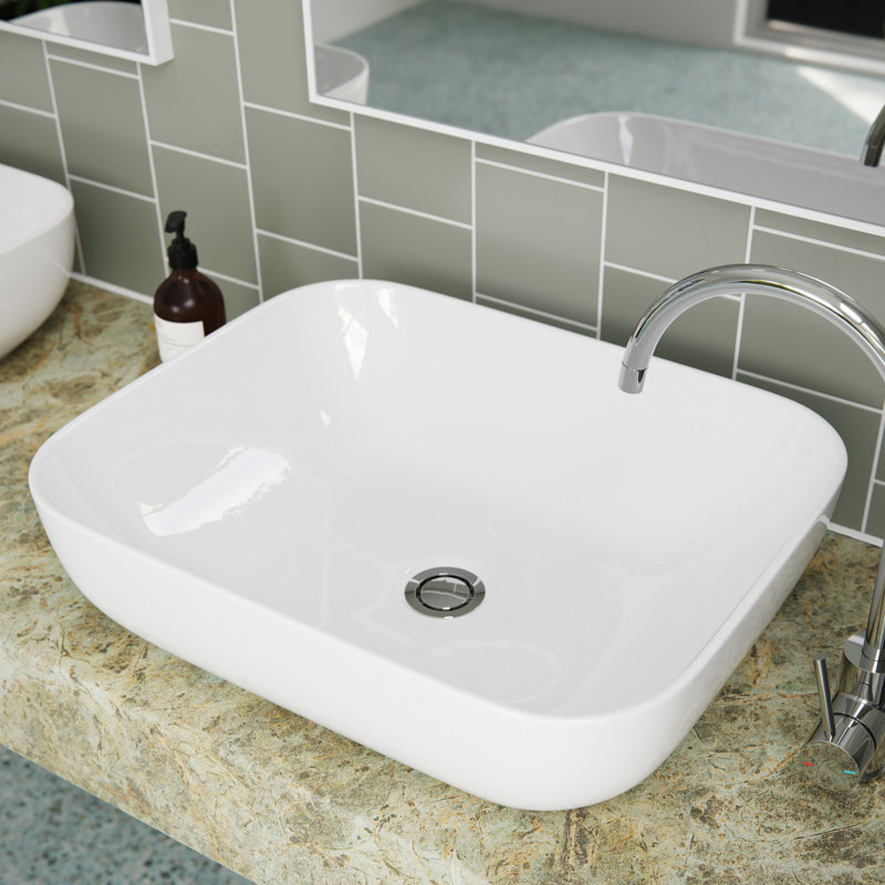 Ceramic Rectangular Vessel Bathroom Sink, Gloss White