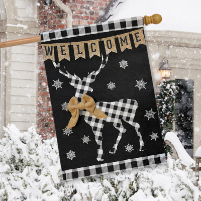 Checkered Deer Burlap Winter House Flag