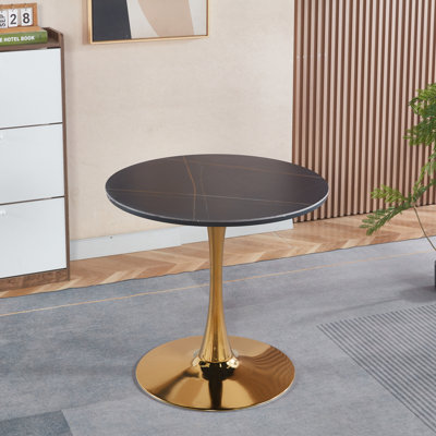 Table de salle à manger 31,5 "GOLDEN ET NOIRE de style Mid-Century pour 2 à 4 personnes avec plateau rond en MDF, table de salle à manger à piédestal, table basse de loisirs, plateau en céramique et plateau en panneau de fibres à densité moyenne