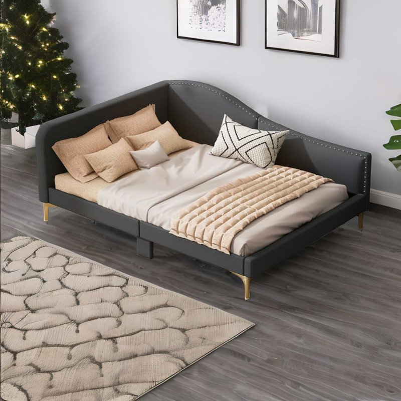Lit plateforme tapissier Kirstynn, gris, Double