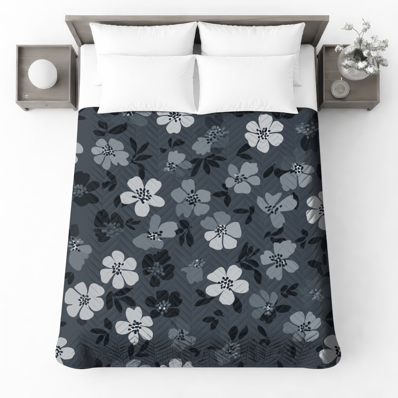Couvre-lit matelassé à motif floral noir et blanc toutes tailles, Très grand lit