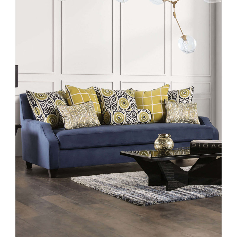 91.4" W Transitional Sofa, Navy/Yellow