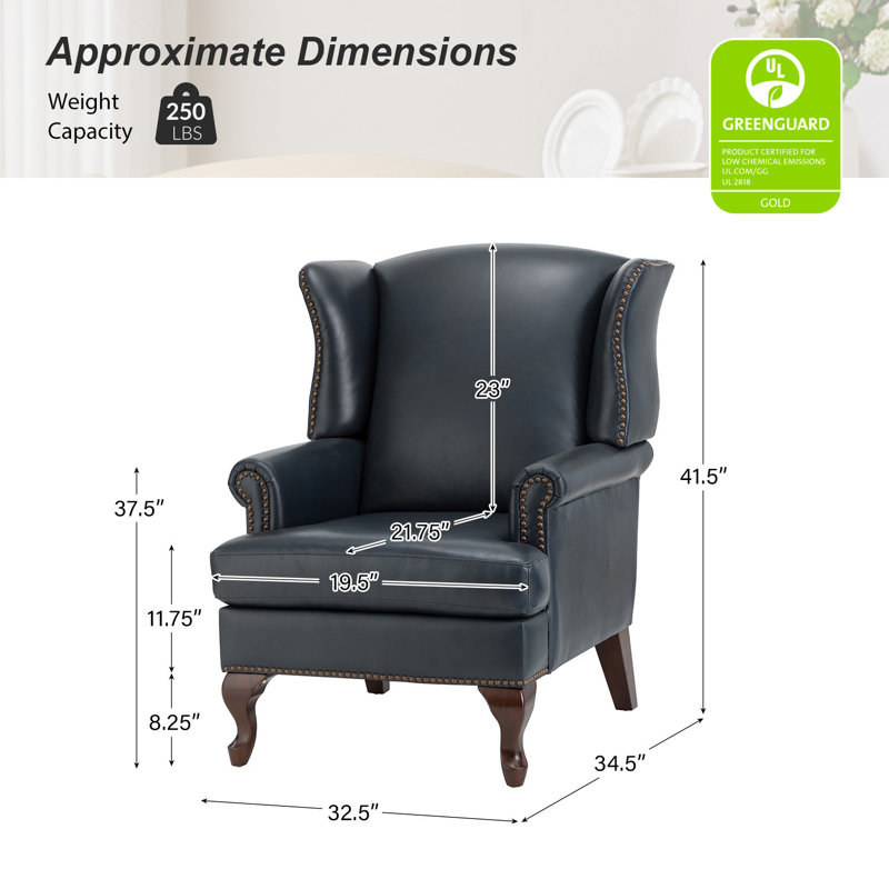 Fauteuils à oreilles en cuir véritable l 32,5 po Anapatrice, Cuir véritable bleu marine