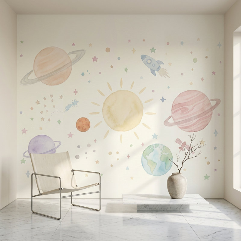 Décoration murale espace planètes célestes amovibles Space, 160 po x 108 po, Peler et coller