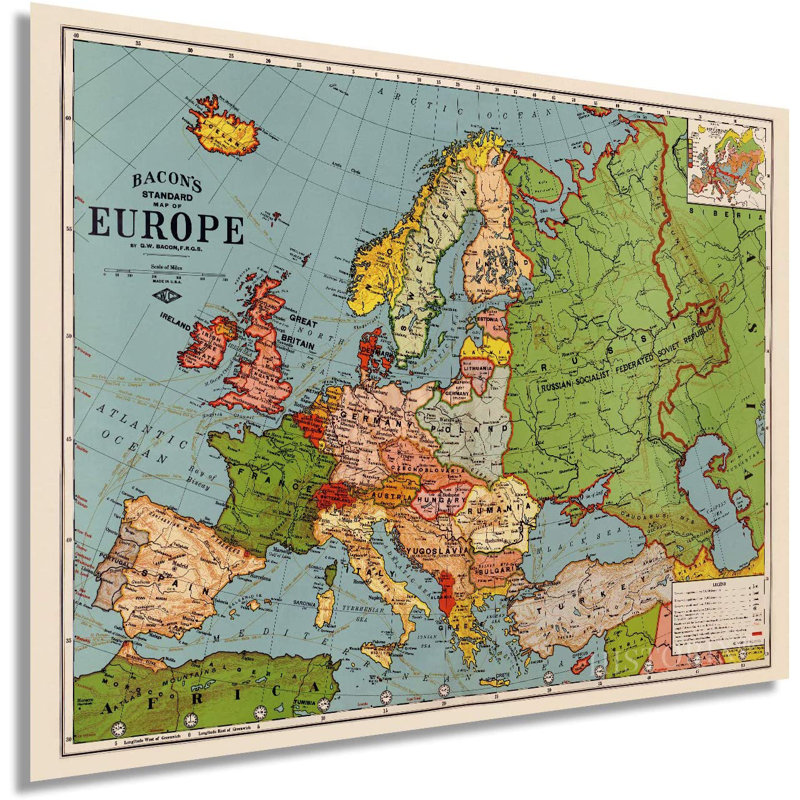 1925 Europe Map Poster Wall Art, 24" H x 36" W x 0.1" D