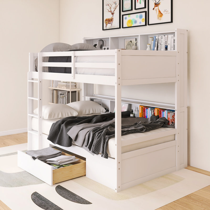 Lit superposé simple au-dessus de simple avec cadre en bois avec tablettes intégrées et tiroir de rangement, Blanc