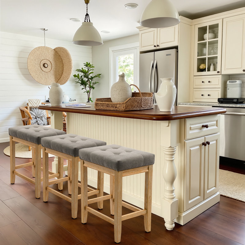 24" Hand-Brushed Wood Backless Counter Height Bar Stools Mid-Century Farmhouse Short Stools, Gray