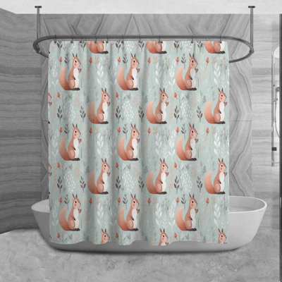 Squirrel Shower Curtain Animals Bath Mat Blue Bathroom Decor