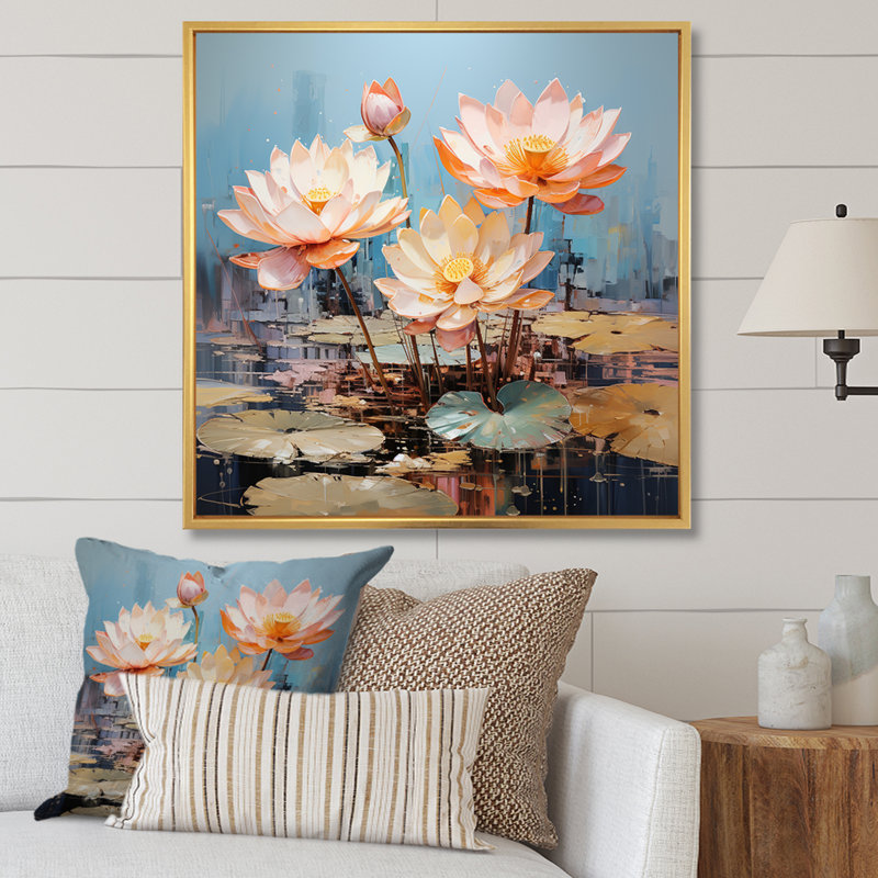 Lotus Pond Blooms Come Alive, Cadre flottant doré, H 30 po x l 30 po x P 1 po