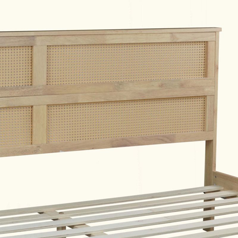 Structure de lit tête de lit en rotin tissé, lit plateforme en bois d'hévéa massif avec espace de rangement sous le lit et poutres de soutien renforcées