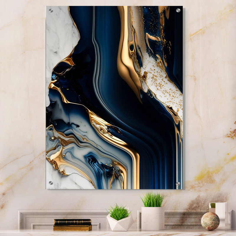 «Abstract Geode Waves Blue V» - Art mural abstrait en acrylique, H 20 po x l 12 po