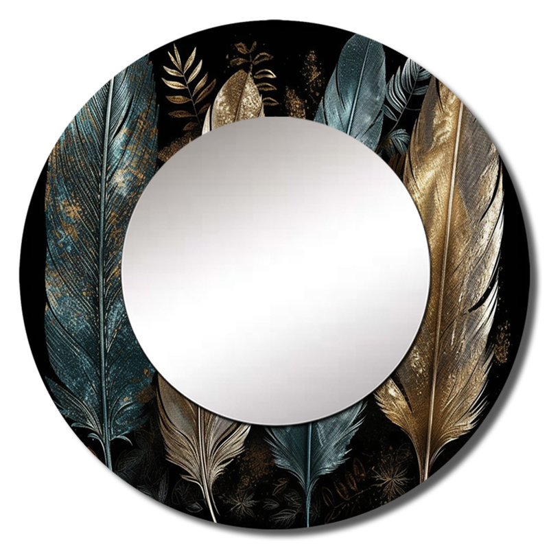 Persong or doré plumes I - grand miroir de plumes glamour, décor de miroir mural unique rond moderne, art imprimé en métal