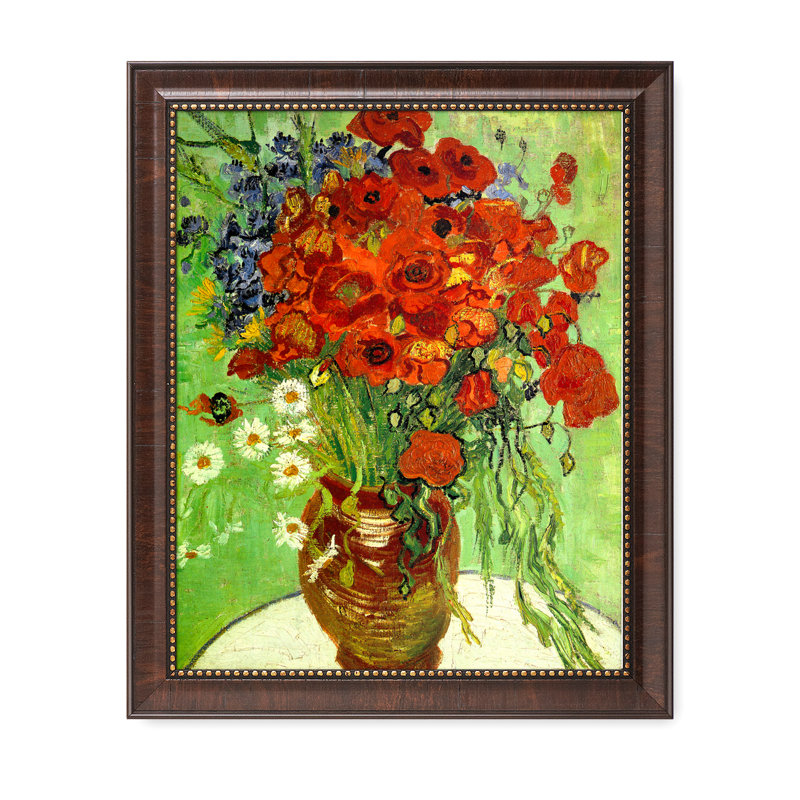 Coquelicots et marguerites rouges, H 16 po x l 20 po, Encadrement brun