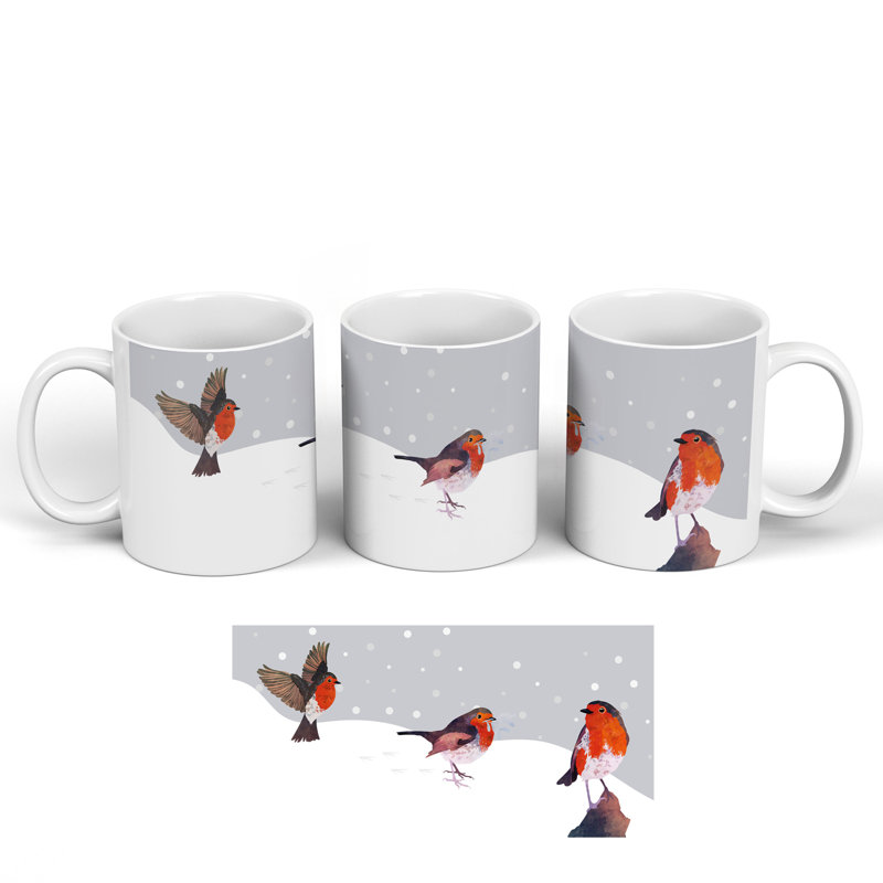 3 Festive Robins Snowy Scene Christmas Ceramic Classic Mug