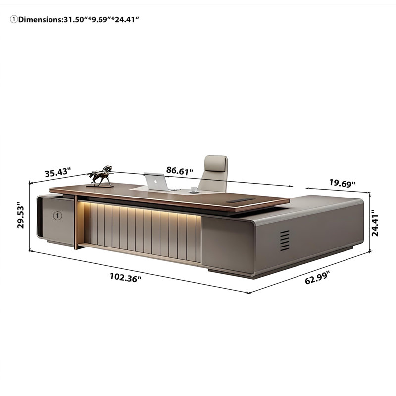 Bureau de direction en L gris et doré, 2 tiroirs avec verrouillage par mot de passe, H 29,53 po x l 102,36 po x P 62,99 po