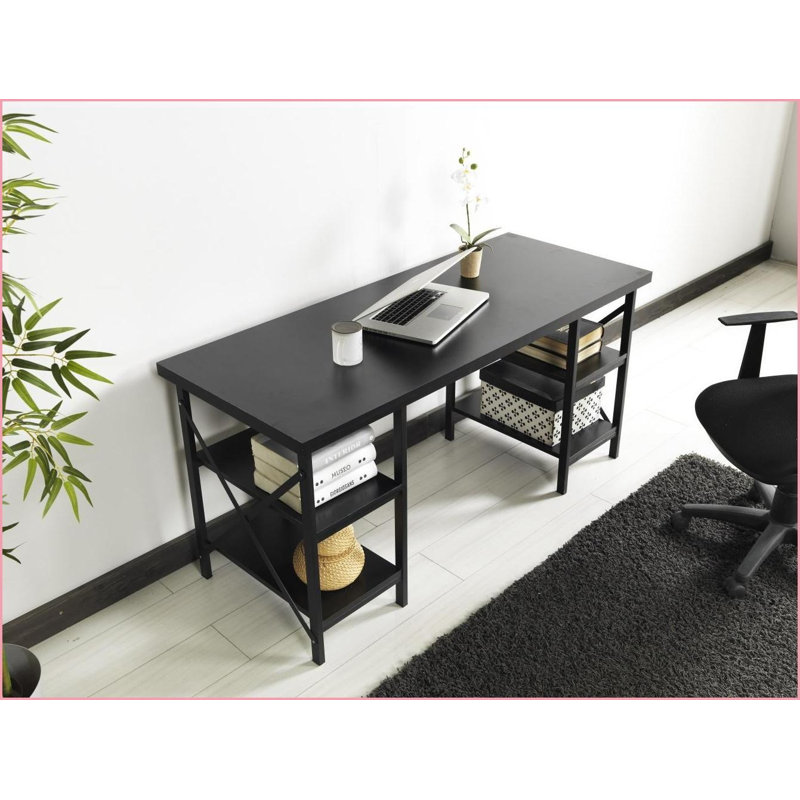 Bureaux | Très grand bureau d'écriture 60 "avec plateau en bois et plateau industriel en bois 60" avec 4 tablettes | Noir