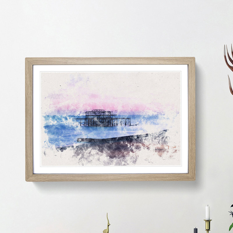 West Pier Brighton Beach Watercolour - Framed Print, Oak Framed, 40cm H x 60cm W x 2cm D