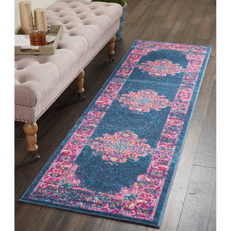 Tapis oriental bleu marine / rose Abbate, Tapis de couloir 2 pi 2 po x 7 pi 6 po