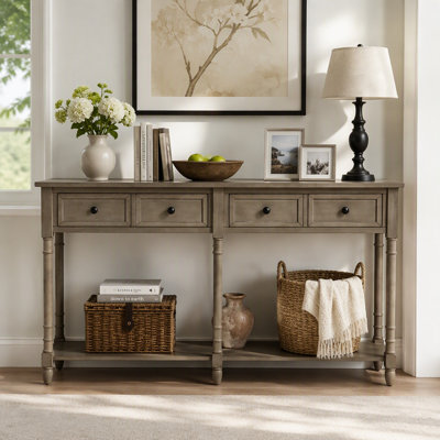 Console avec deux tiroirs de rangement et une tablette inférieure, bois lavé gris, assemblage facile pour le salon, entrée (comprend une seule table de salle à manger)