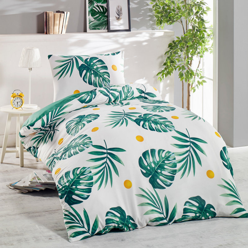 Ensemble de housse de couette simple Premium, vert / blanc / jaune, 55,1 po x 78,7 po | 65% coton / 35% polyester, 120 fils | Lavable à la machine, fermeture à boutons pour couette, fermeture à enveloppe pour taie d'oreiller, doux et durable