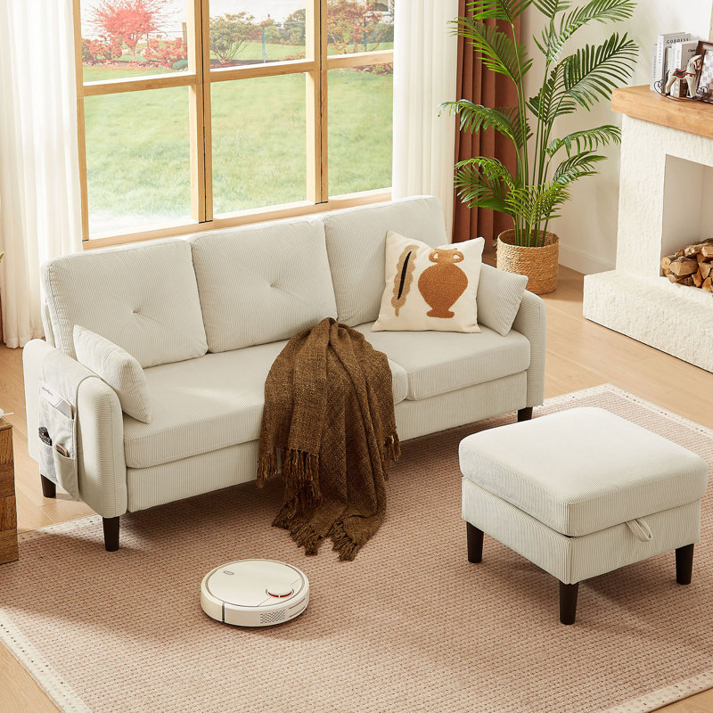 Corduroy Sectional Sofa with Storage Ottoman and Side Storage Pockets, 35.83" H x 77.17" W x 26.57" D, Beige Corduroy