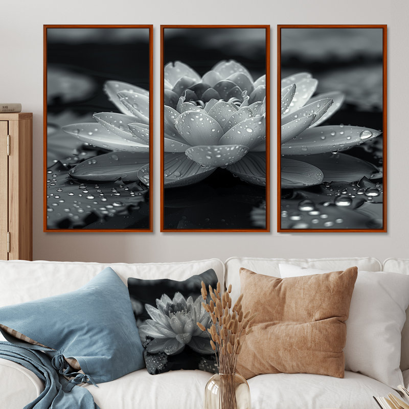 Lotus gris photo élégante silhouette II - ensemble de décoration murale lotus, Toile avec cadre flottant brun