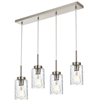 Lustres linéaires modernes pour la salle à manger, îlot de cuisine industriel rétro à 4 lumières pour îlot de cuisine en nickel brossé de style campagnard suspendu au-dessus d'une table avec abat-jour en verre martelé