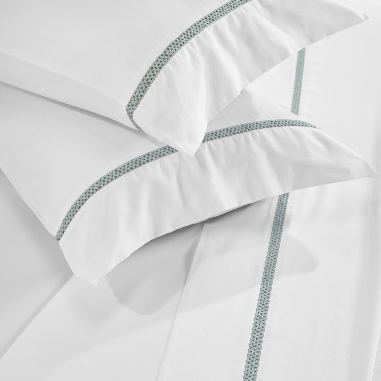 Satin Sheet Set, King Sheet Set with 2 Pillowcases, White/Light Teal