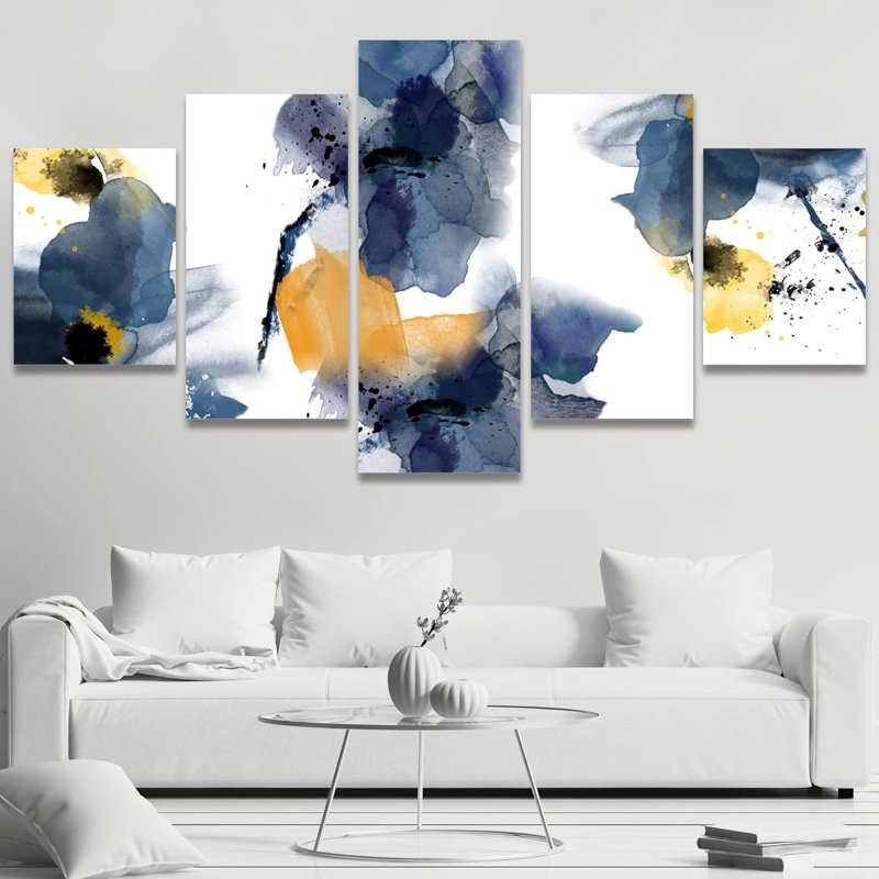 Abstrait aquarelle abstraite fleurs pastel bleu jaune marguerite jaune 5 pièces
