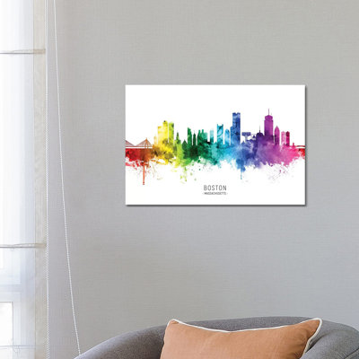 Boston Massachusetts Skyline Rainbow by Michael Tompsett - 1 Piece Wrapped Canvas Wall Art
