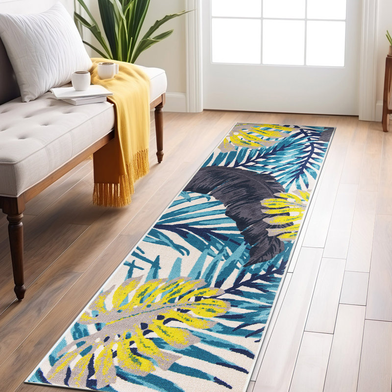 Contemporary Tropical Floral Leaves Non Slip Area Rug, Runner 1'10" x 7'