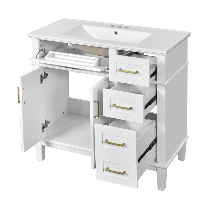 Meuble-lavabo moderne de 36 po avec lavabo en résine, 36 po, avec deux portes à fermeture douce et quatre tiroirs, Blanc