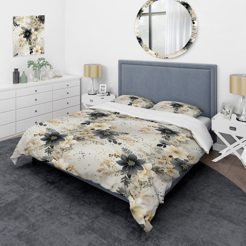 Literie de fougères à fleurs géométriques grises et beiges, Housse de couette pour grand lit et 2 taies décor