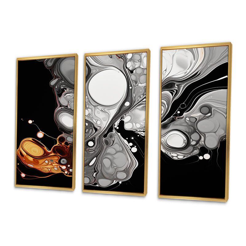 Encre liquide grise et noire Fusion I - art minimaliste au trait, Cadre flottant doré, H 40 po x l 61 po x P 1 po