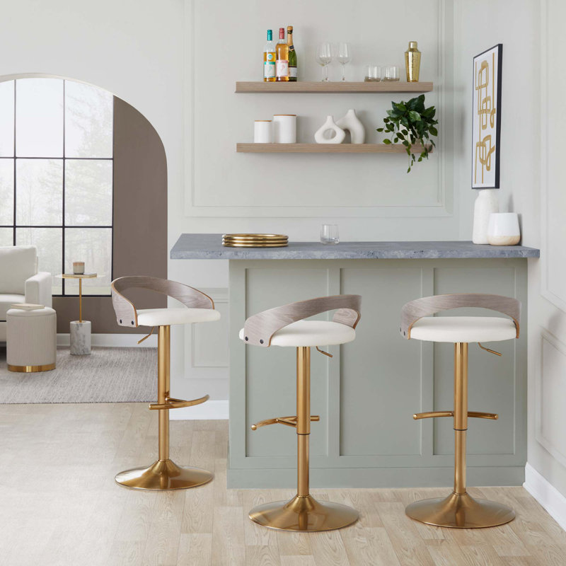 Ensemble de tabourets de bar réglables et pivotants avec revêtement en similicuir, Gold/Brown, Blanc