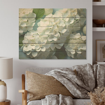 Soft Neutral Tones Portray Hydrangea Blooms I - Hydrangea Wood Wall Art On Natural Pine Wood