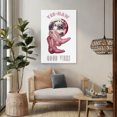 Yee-Haw Disco - Contemporary Yeehaw Good Vibes Pink Cowgirl Boots Disco Ball Art