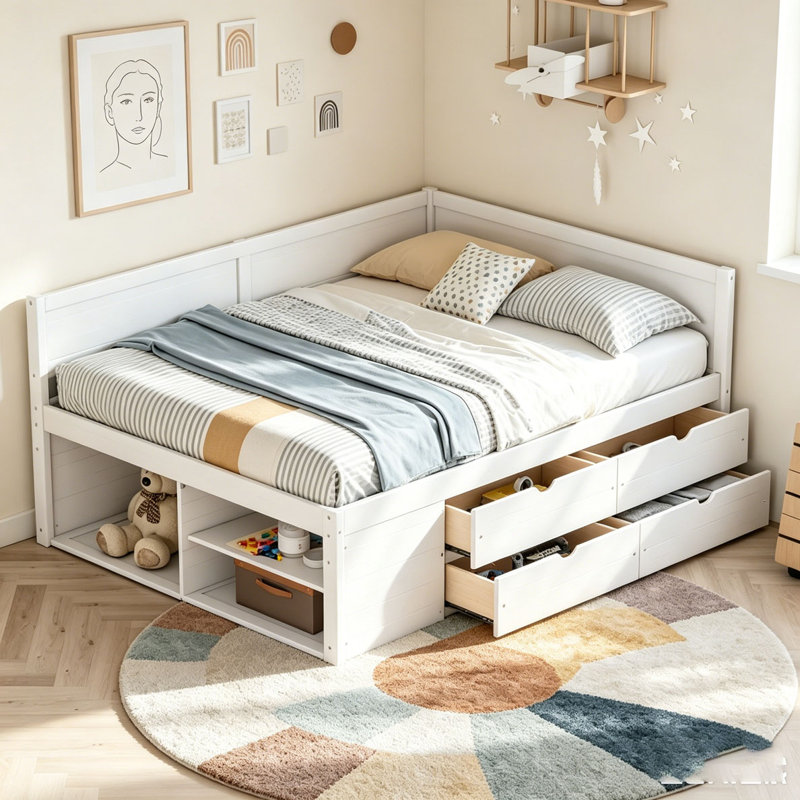 Lit de jour double avec tiroirs et tablettes, Blanc