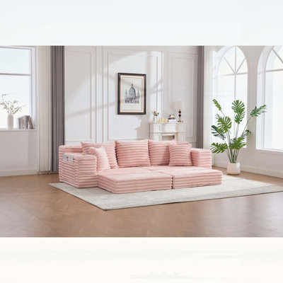 Canapé surdimensionné sans siège à quatre places avec porte-gobelet et poches latérales, canapé-lit rembourré en velours côtelé avec 3 coussins, 2 coussins lombaires pour le salon, la chambre à coucher, sans assemblage, matériau respirant