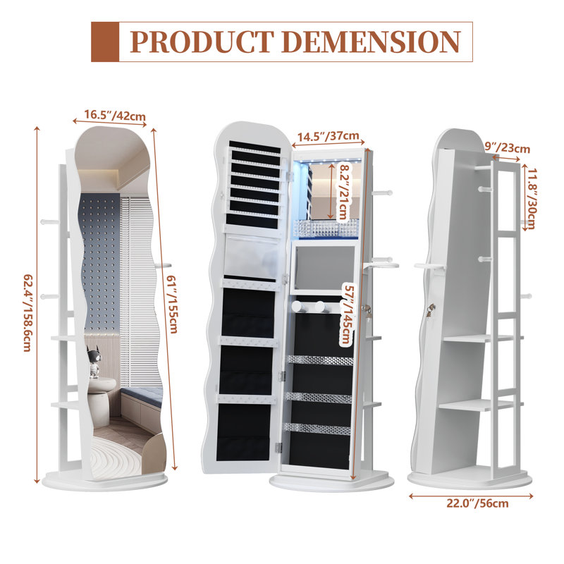 360° Swivel Jewelry Armoire, Wave-Shape Full Length Mirrored Jewelry Cabinet, White